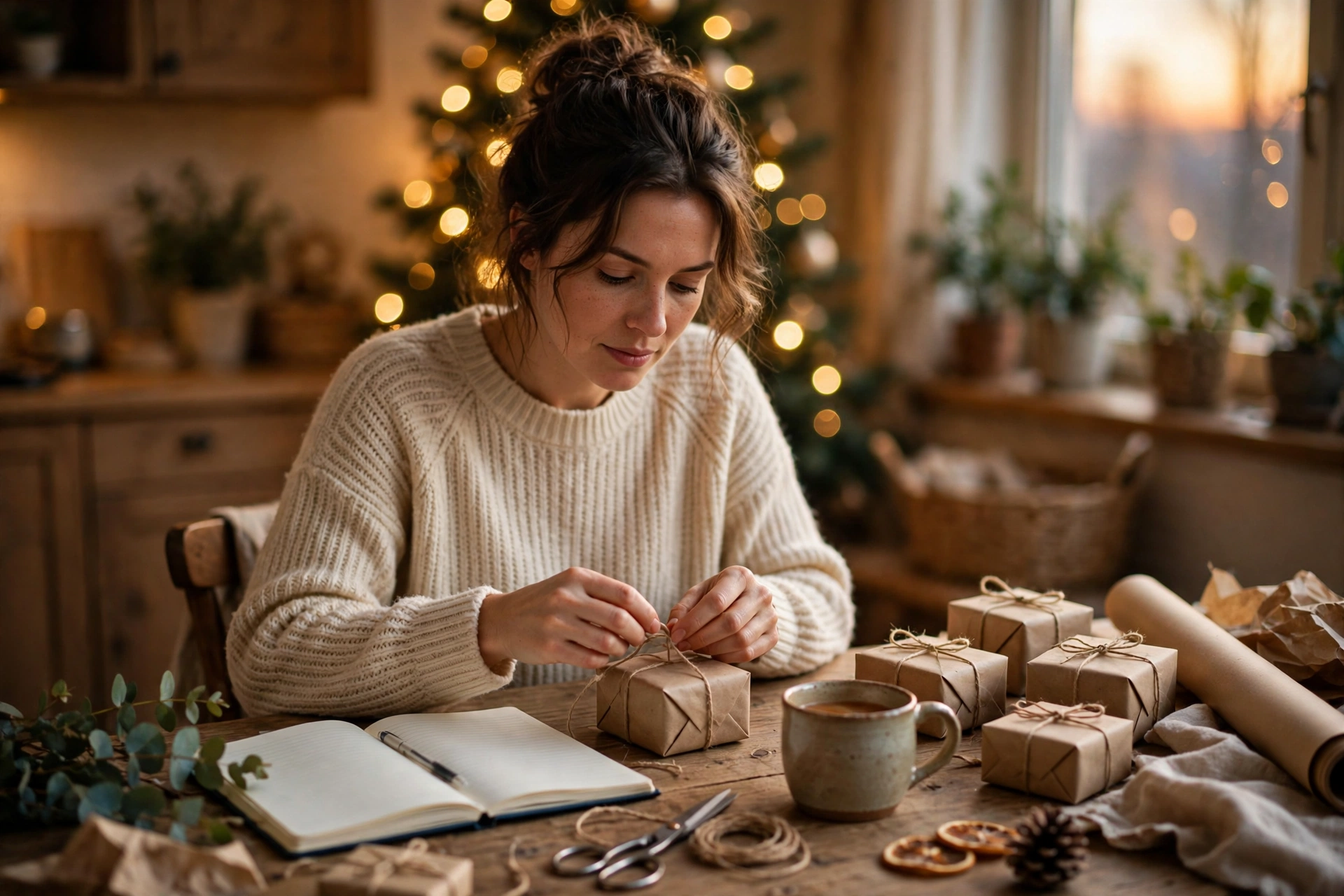 Woman wrapping Christmas gifts in kraft paper and twine at a kitchen table with a handwritten gift list