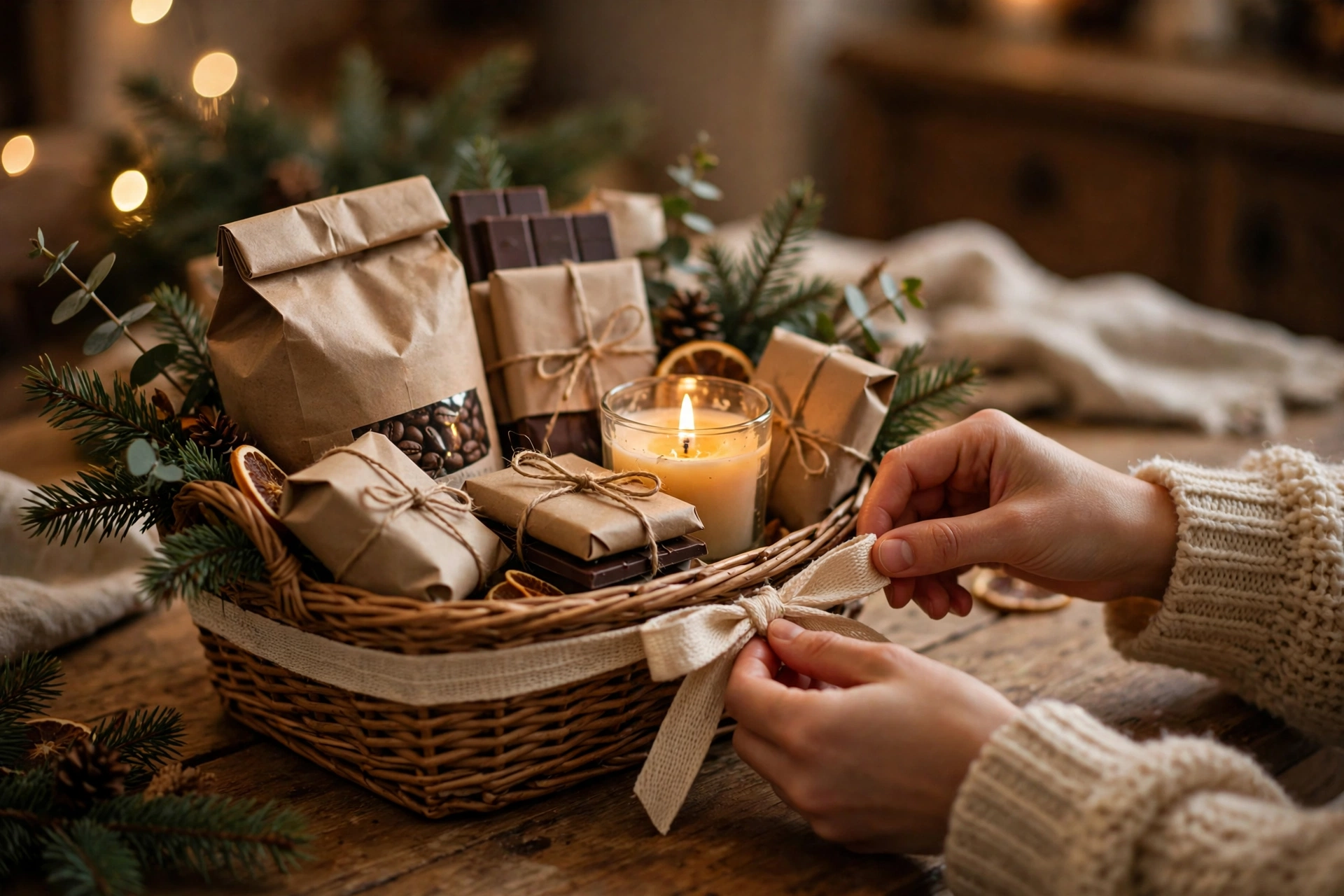 Gift basket with coffee, chocolate and a candle being finished with a ribbon on a wooden table