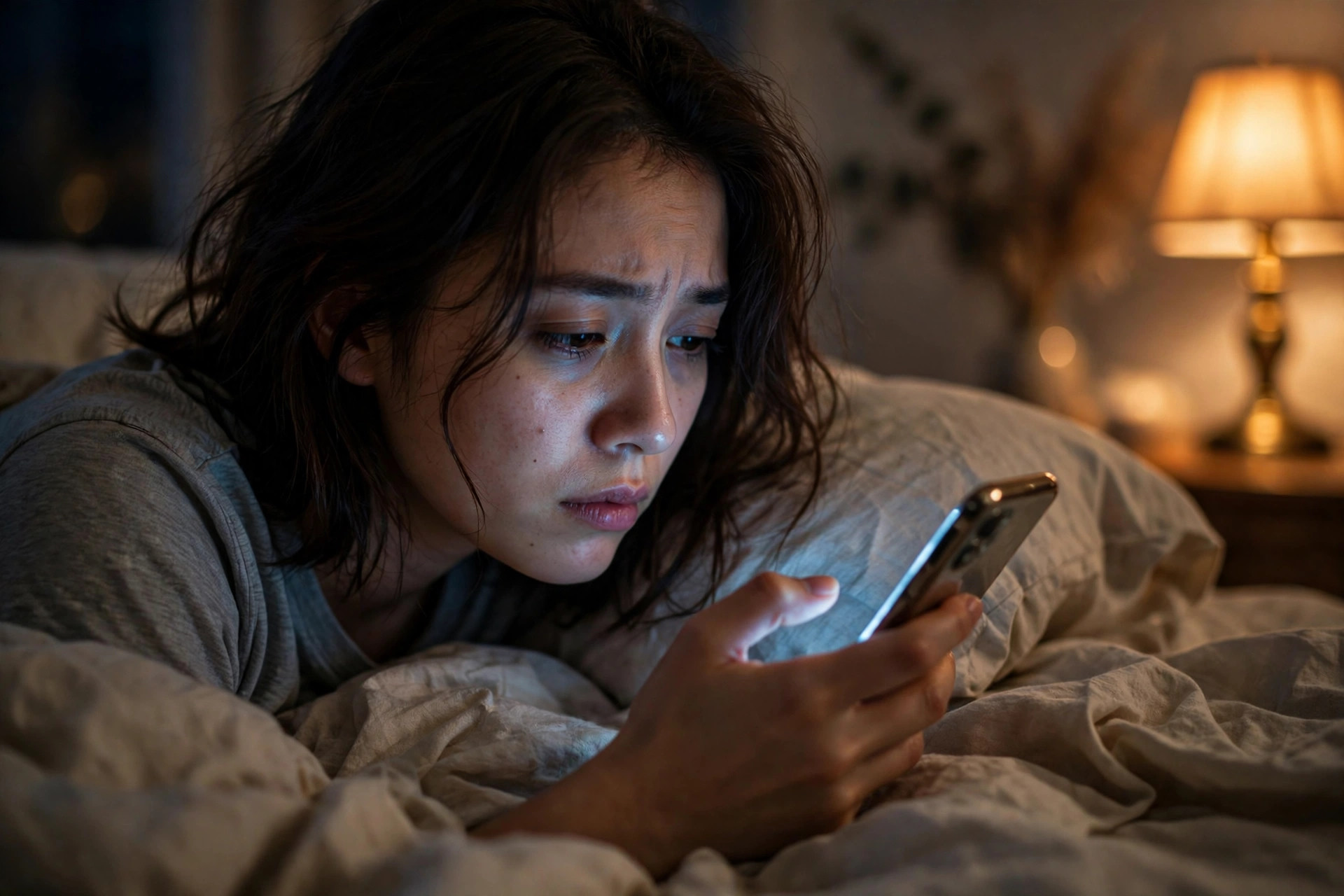 Young woman lying in bed at night lit by her phone screen, about to make a late-night online purchase
