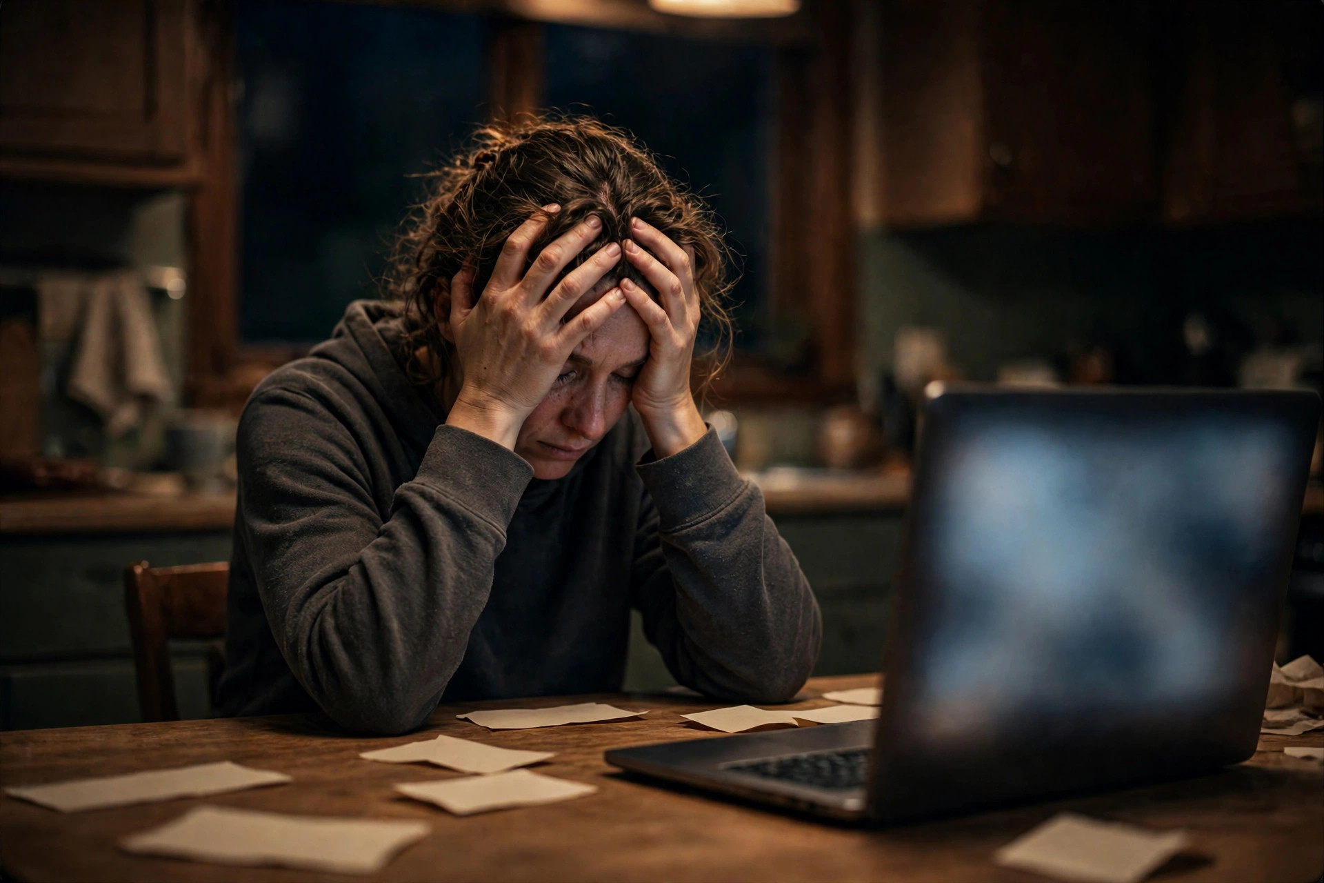 Person sitting at a kitchen table at night staring at bills and a laptop, stressed about money