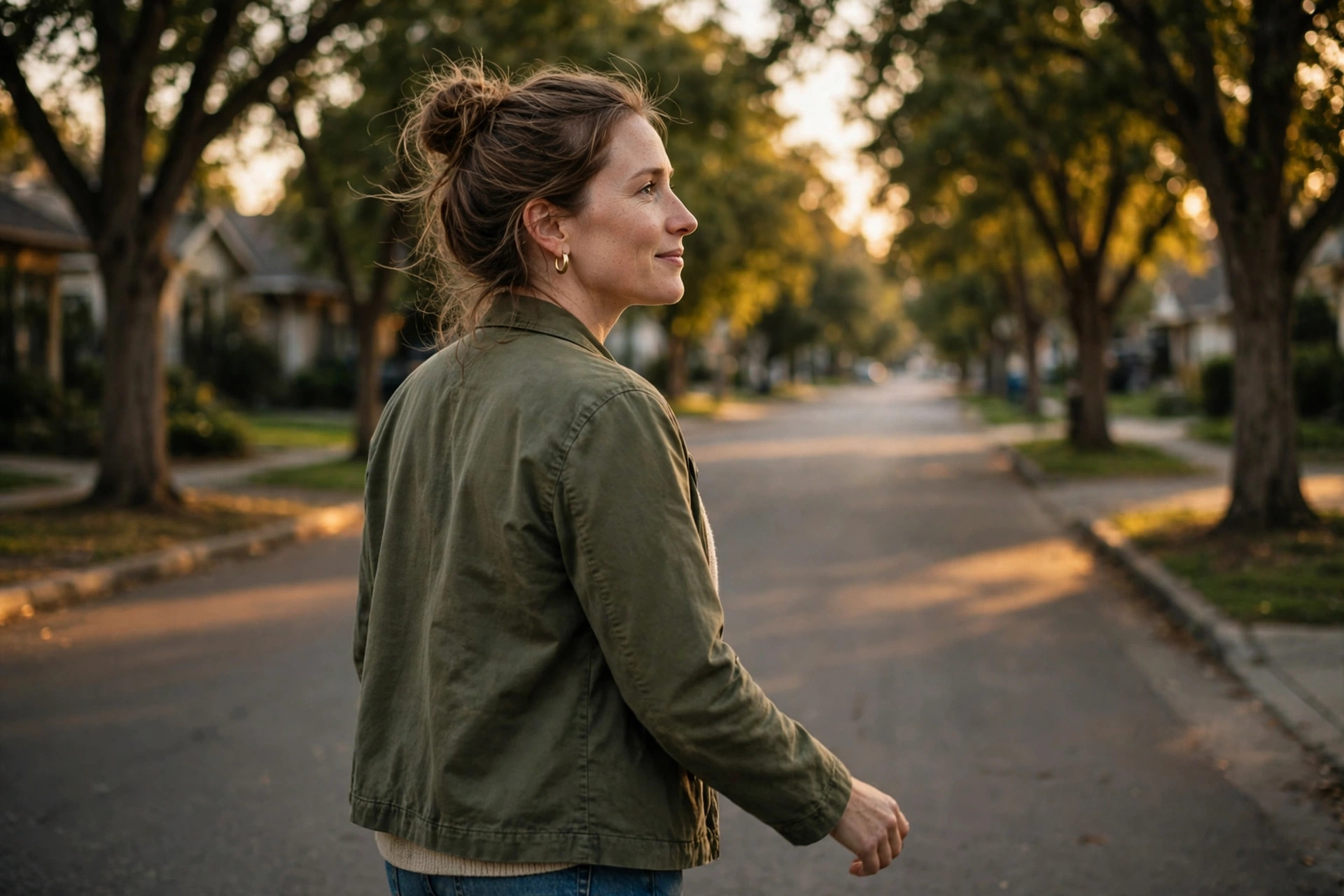 Woman taking an evening walk outdoors with her phone left behind, calm after a stressful day
