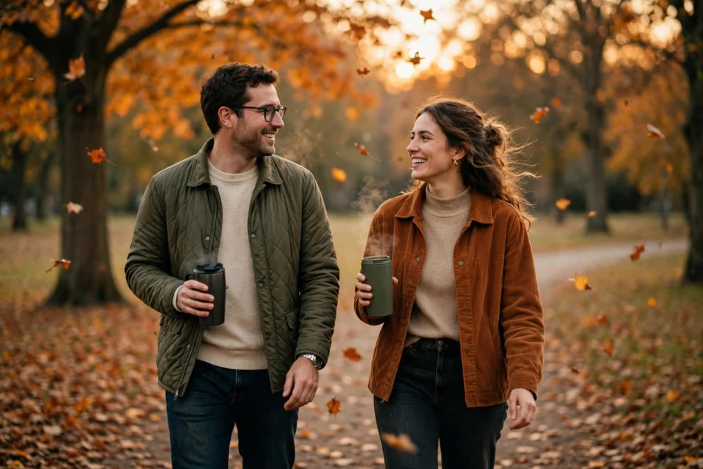 Couple enjoying a free autumn walk in the park