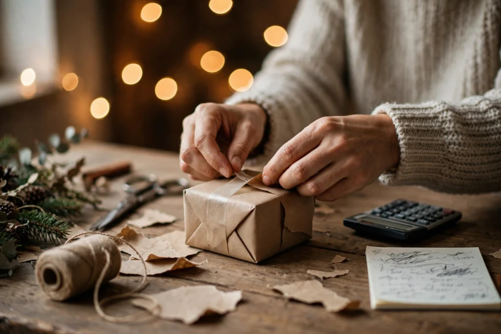 Wrapping Christmas gifts at home with a gift list and calculator