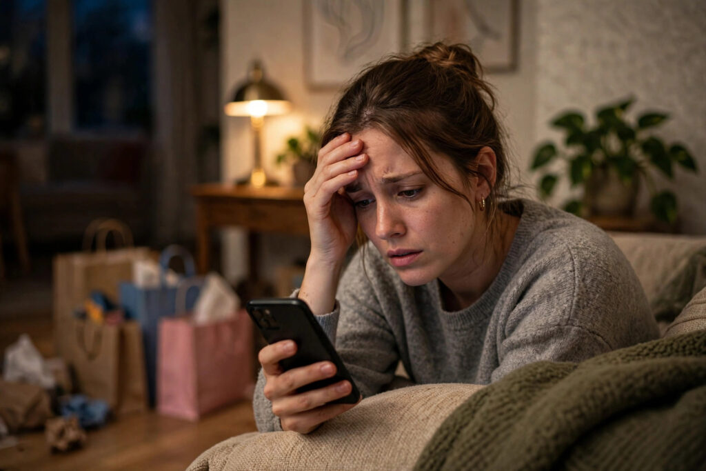 Young woman stressed looking at her phone with shopping bags nearby — buy now pay later debt trap