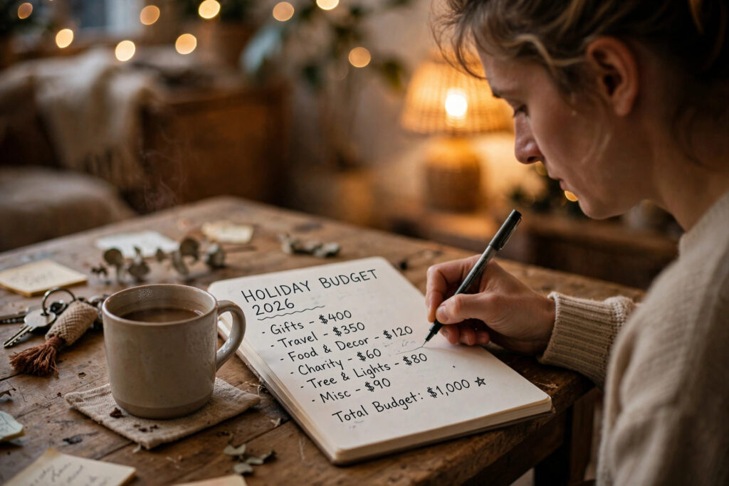 Woman writing her holiday budget 2026 in a notebook at a cozy table with Christmas lights