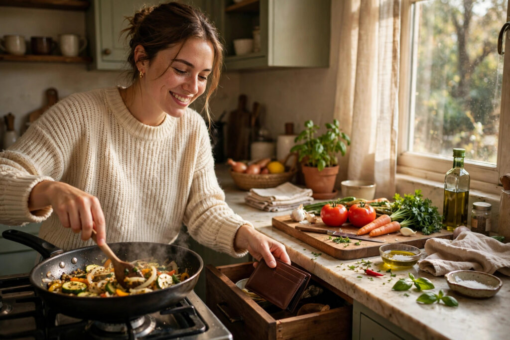 Woman cooking at home and putting wallet away — no-spend October challenge